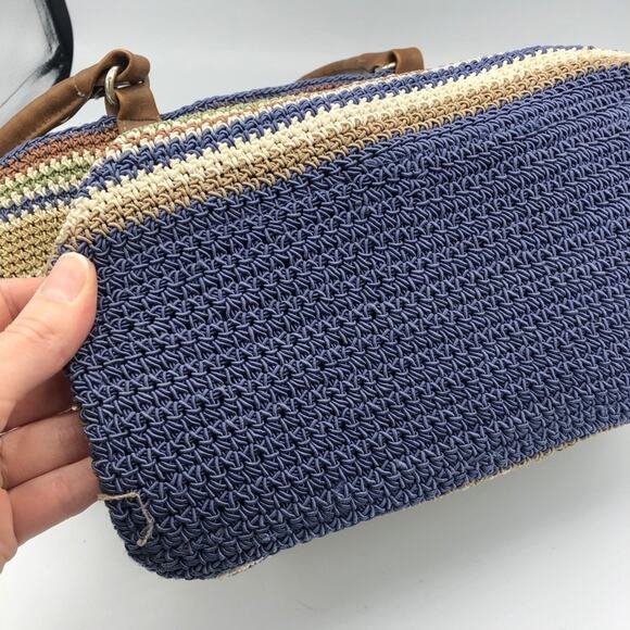 Blue & Tan Woven Shoulder Handbag Faux Leather Straps Beachy Hobo Boho Bag - Picture 3 of 8